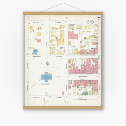 Old map wall art mockup — magnetic wood frame on white wall — Sanborn Fire Insurance Map from Raleigh, Wake County, North Carolina (1903), Sheet #0007
