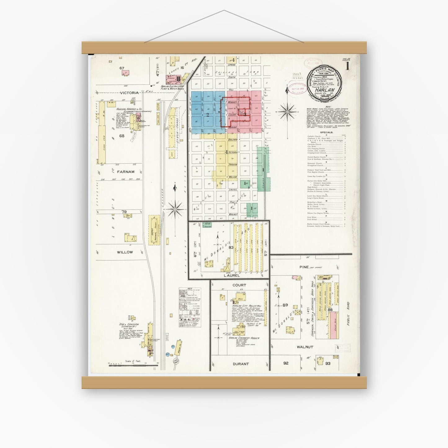 Old map wall art mockup — magnetic wood frame on white wall — Sanborn Fire Insurance Map from Harlan, Shelby County, Iowa (1899) â€” Complete Set