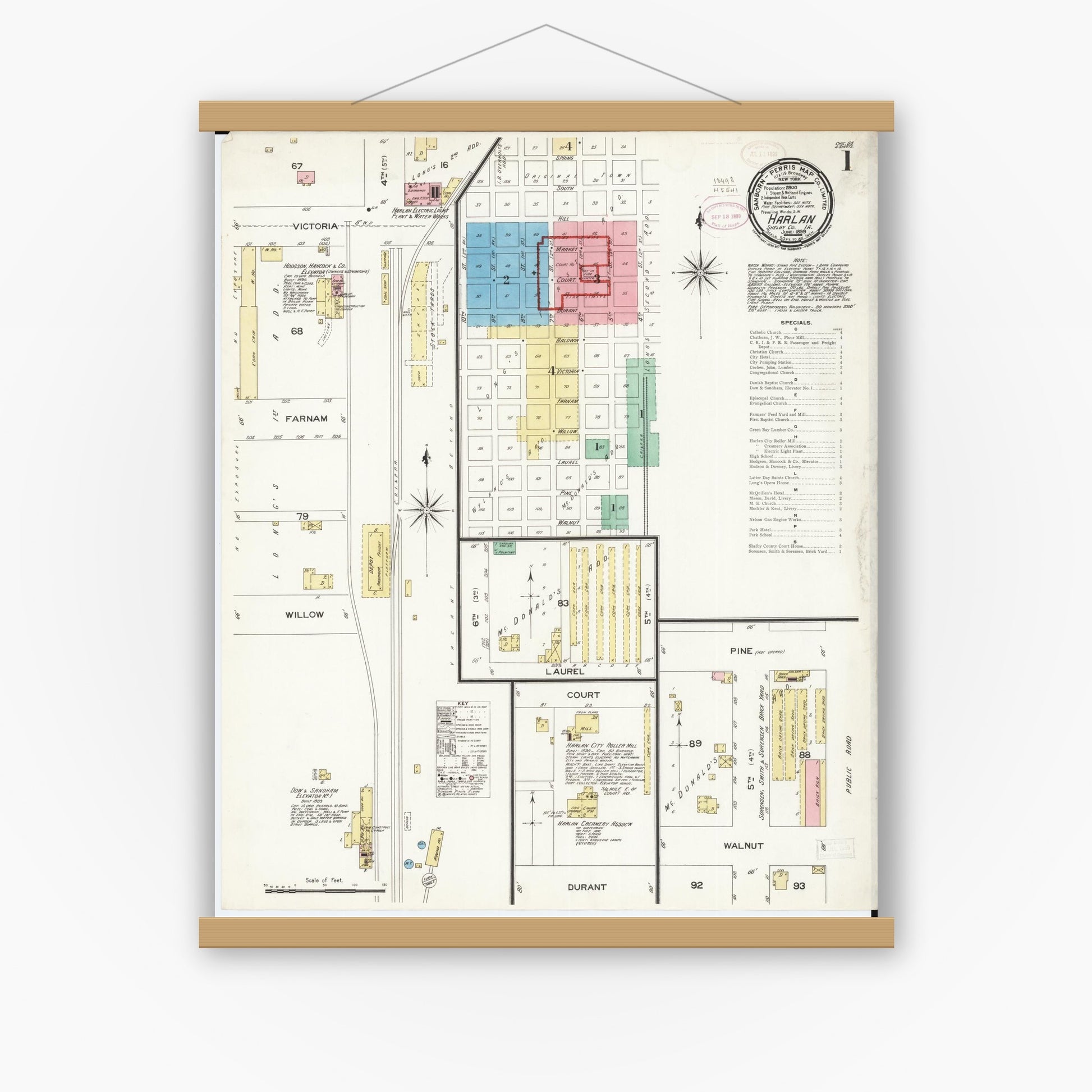 Old map wall art mockup — magnetic wood frame on white wall — Sanborn Fire Insurance Map from Harlan, Shelby County, Iowa (1899) â€” Complete Set