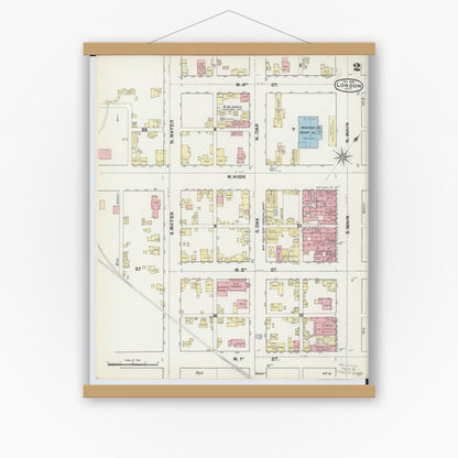 Old map wall art mockup — magnetic wood frame on white wall — Sanborn Fire Insurance Map from London, Madison County, Ohio (1890), Sheet #0002
