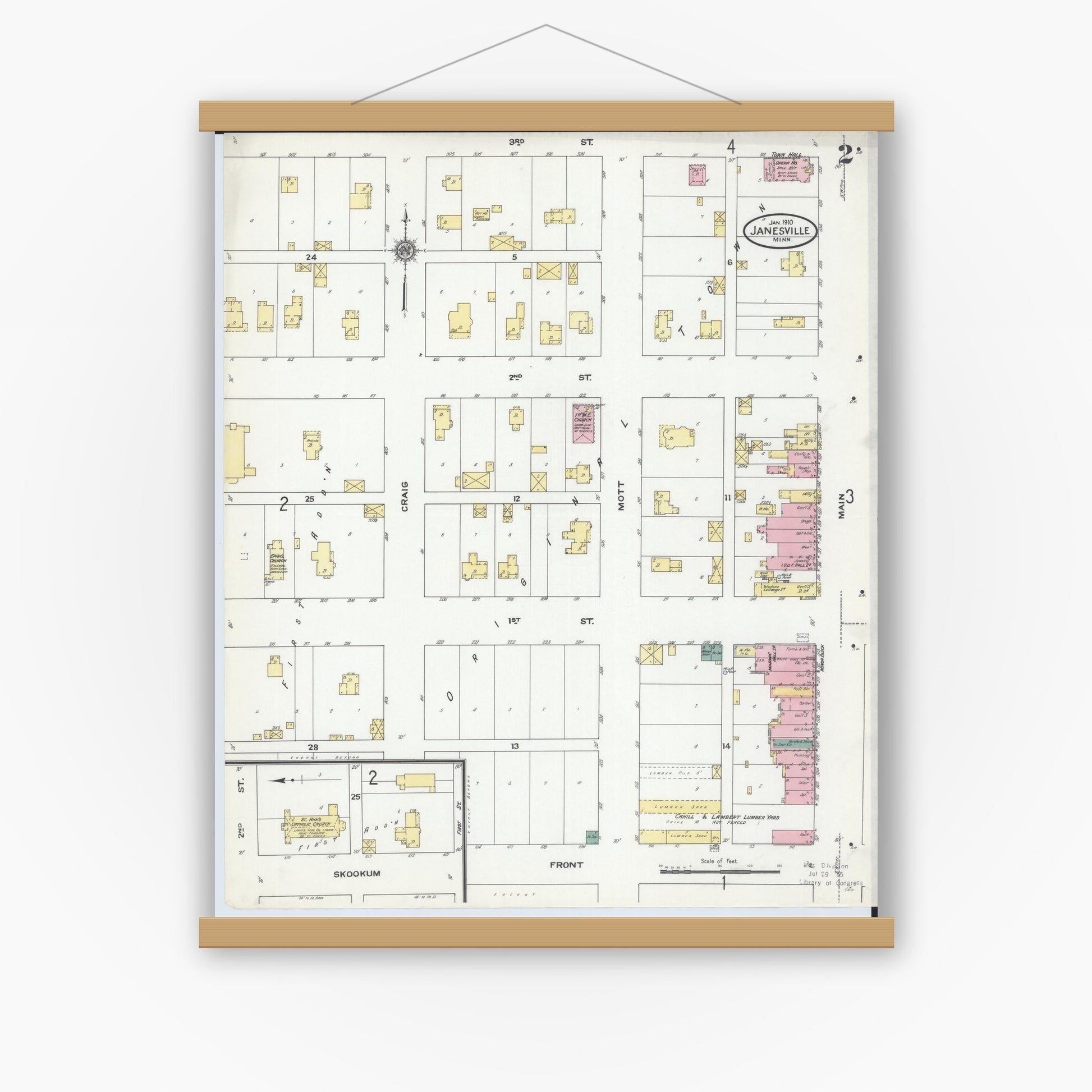 Old map wall art mockup — magnetic wood frame on white wall — Sanborn Fire Insurance Map from Janesville, Waseca County, Minnesota (1910), Sheet #0002