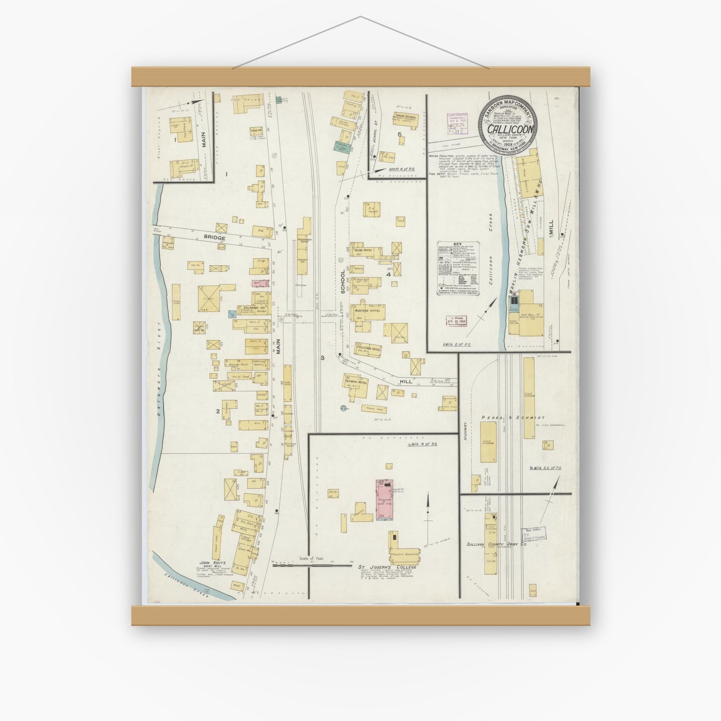 Old map wall art mockup — magnetic wood frame on white wall — Sanborn Fire Insurance Map from Callicoon, Sullivan County, New York (1908), Sheet #0001