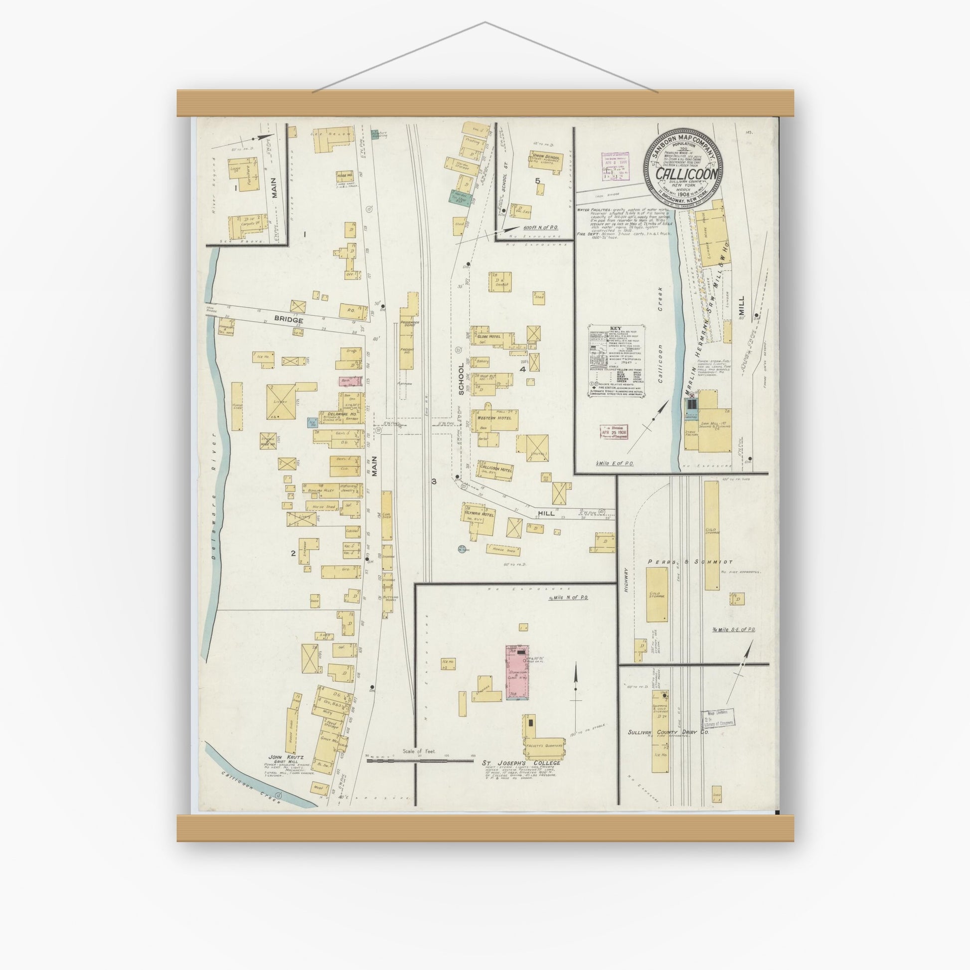 Old map wall art mockup — magnetic wood frame on white wall — Sanborn Fire Insurance Map from Callicoon, Sullivan County, New York (1908), Sheet #0001