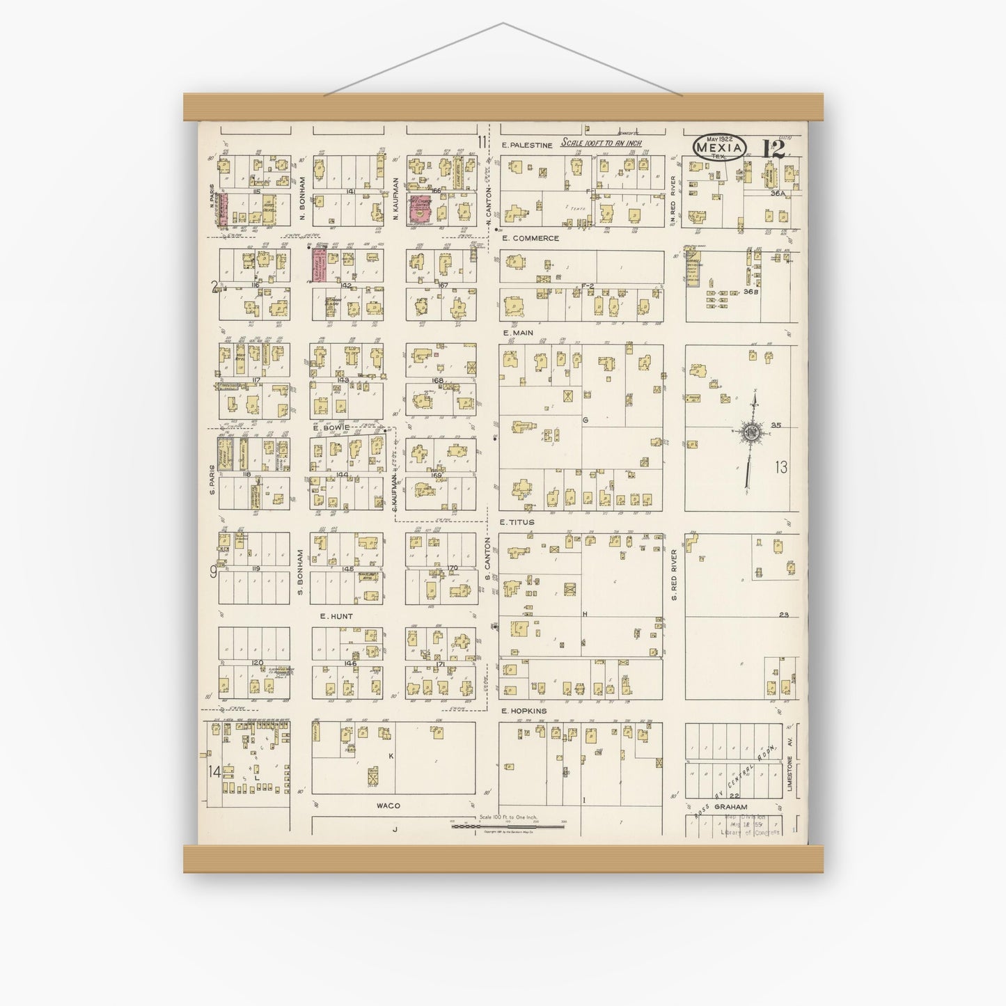 Old map wall art mockup — magnetic wood frame on white wall — Sanborn Fire Insurance Map from Mexia, Limestone County, Texas (1922), Sheet #0012