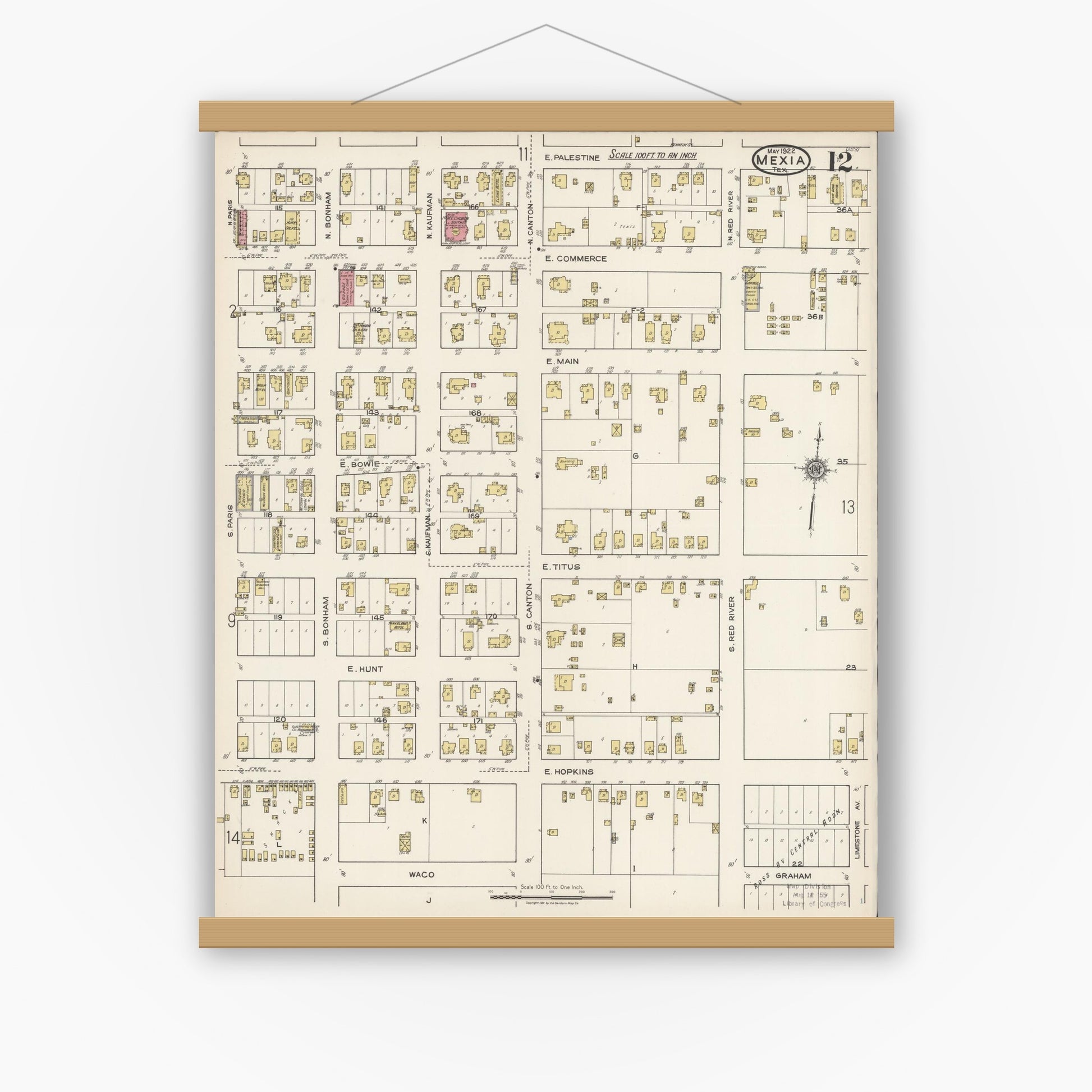 Old map wall art mockup — magnetic wood frame on white wall — Sanborn Fire Insurance Map from Mexia, Limestone County, Texas (1922), Sheet #0012