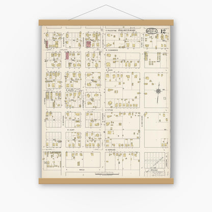 Old map wall art mockup — magnetic wood frame on white wall — Sanborn Fire Insurance Map from Mexia, Limestone County, Texas (1922), Sheet #0012