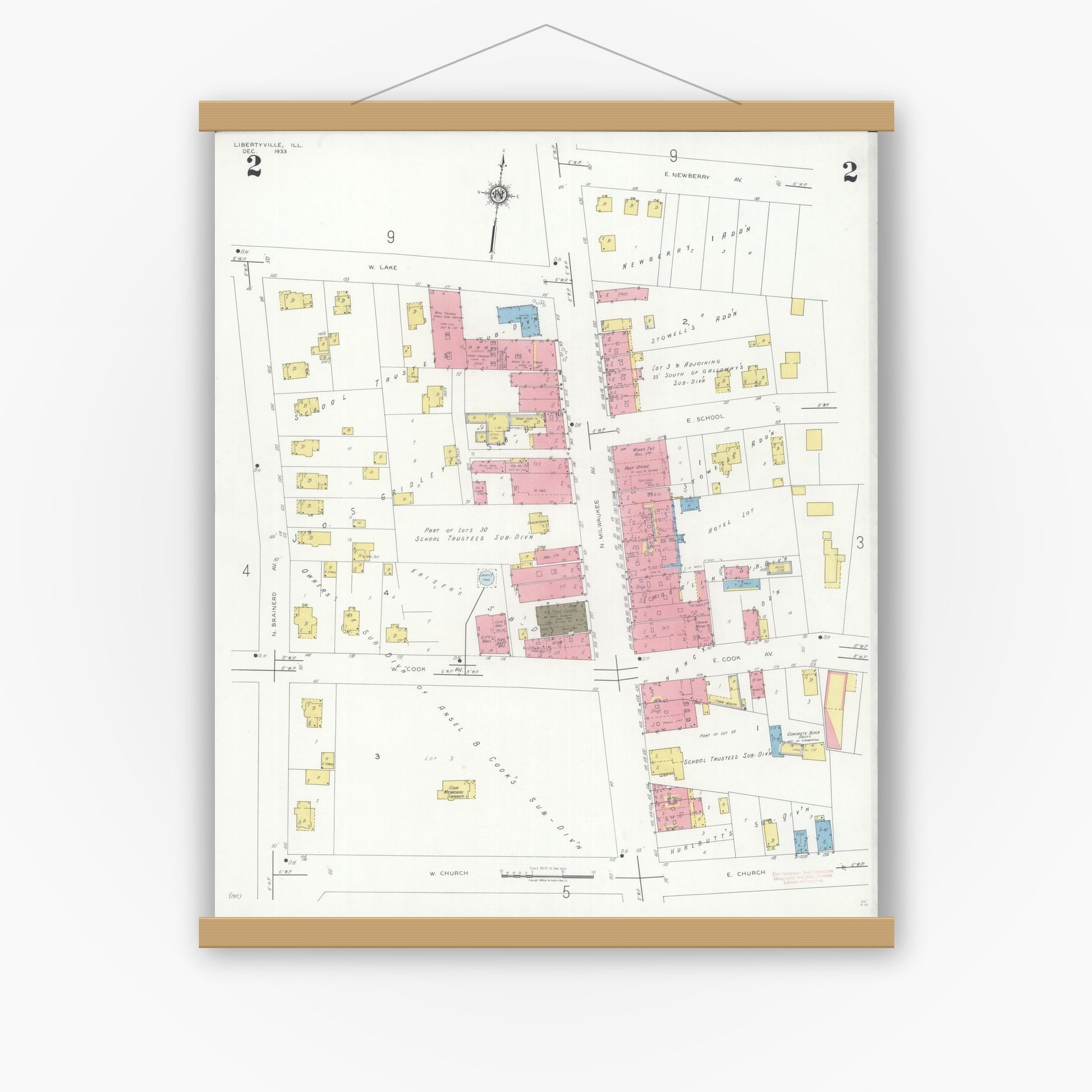 Old map wall art mockup — magnetic wood frame on white wall — Sanborn Fire Insurance Map from Libertyville, Lake County, Illinois (1933), Sheet #0002