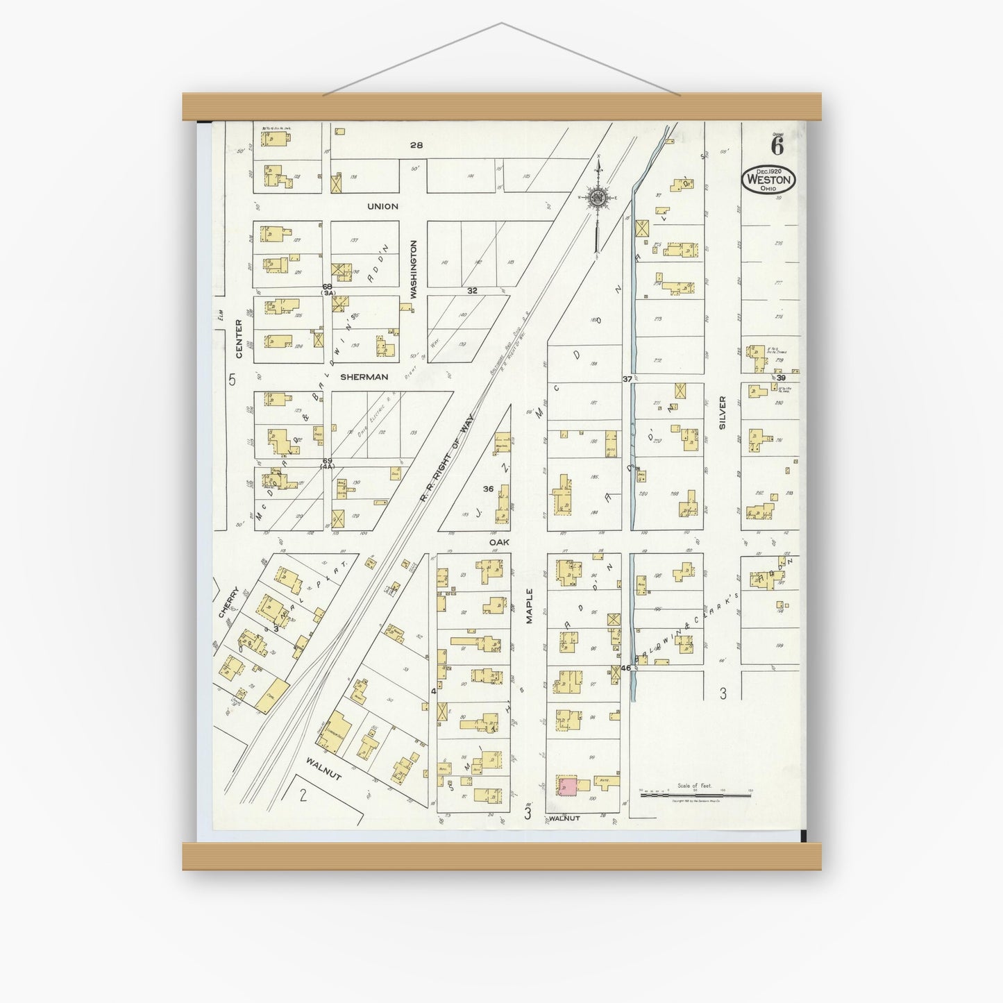 Old map wall art mockup — magnetic wood frame on white wall — Sanborn Fire Insurance Map from Weston, Wood County, Ohio (1920), Sheet #0006