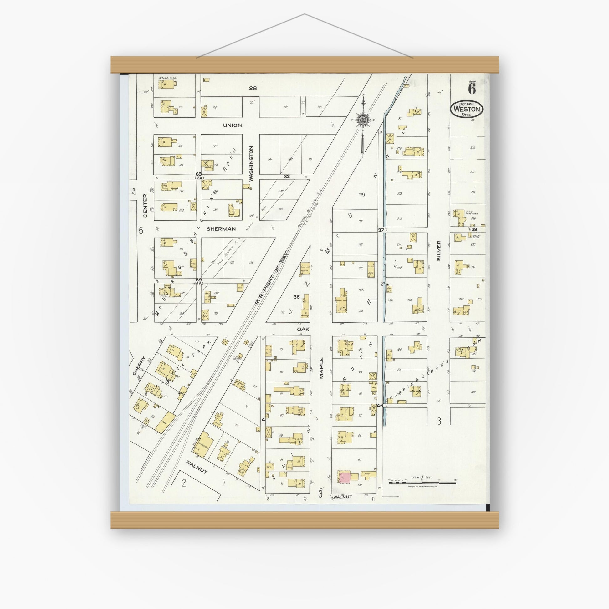 Old map wall art mockup — magnetic wood frame on white wall — Sanborn Fire Insurance Map from Weston, Wood County, Ohio (1920), Sheet #0006