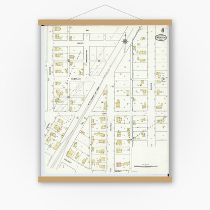 Old map wall art mockup — magnetic wood frame on white wall — Sanborn Fire Insurance Map from Weston, Wood County, Ohio (1920), Sheet #0006
