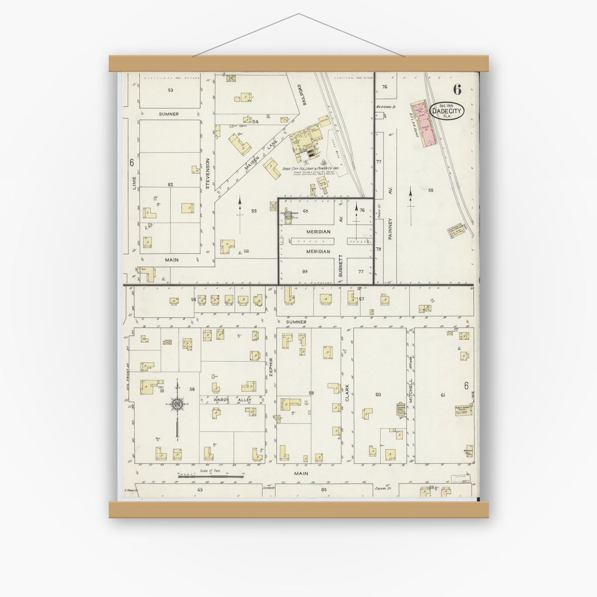 Old map wall art mockup — magnetic wood frame on white wall — Sanborn Fire Insurance Map from Dade City, Pasco County, Florida (1914), Sheet #0006