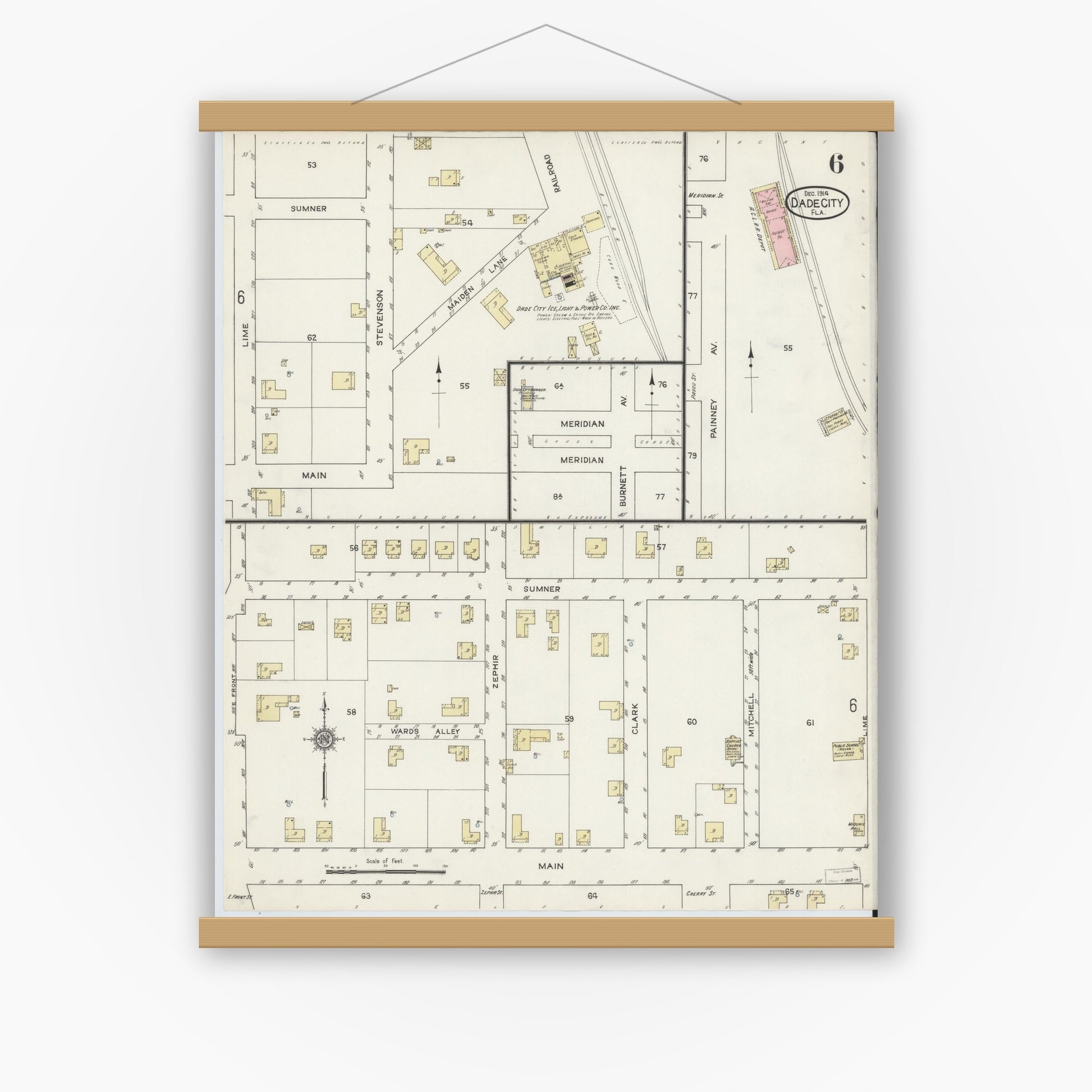 Old map wall art mockup — magnetic wood frame on white wall — Sanborn Fire Insurance Map from Dade City, Pasco County, Florida (1914), Sheet #0006
