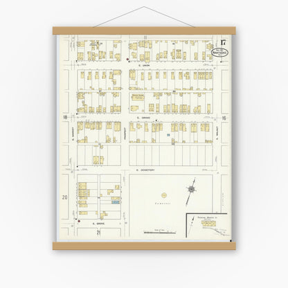 Old map wall art mockup — magnetic wood frame on white wall — Sanborn Fire Insurance Map from Nanticoke, Luzerne County, Pennsylvania (1912), Sheet #0017