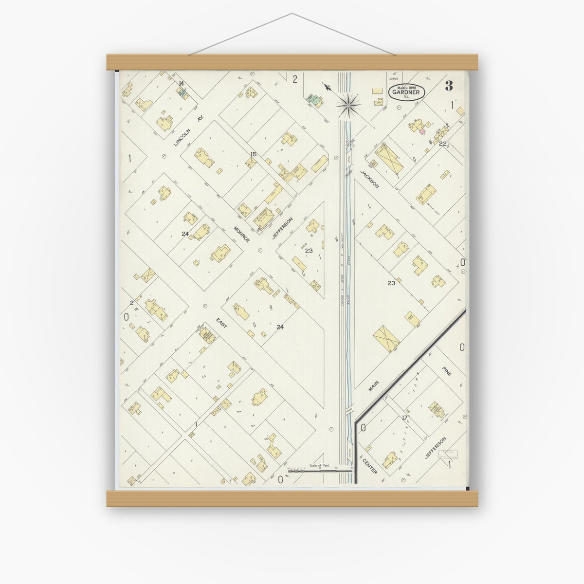 Old map wall art mockup — magnetic wood frame on white wall — Sanborn Fire Insurance Map from Gardner, Grundy County, Illinois (1898), Sheet #0003