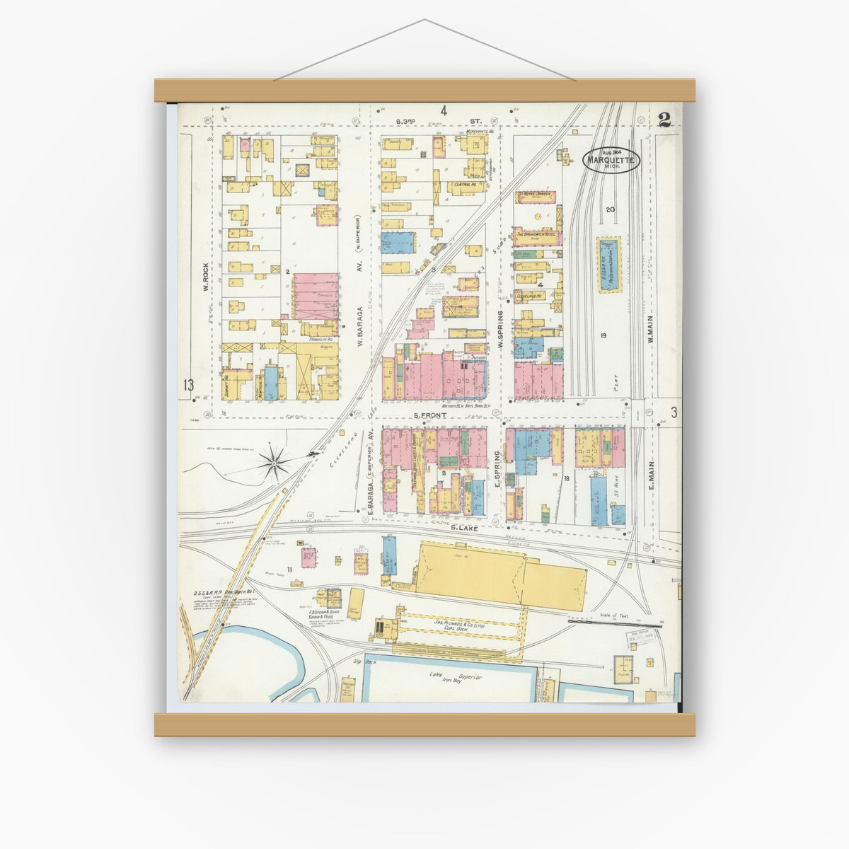 Old map wall art mockup — magnetic wood frame on white wall — Sanborn Fire Insurance Map from Marquette, Marquette County, Michigan (1904), Sheet #0002