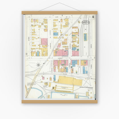 Old map wall art mockup — magnetic wood frame on white wall — Sanborn Fire Insurance Map from Marquette, Marquette County, Michigan (1904), Sheet #0002