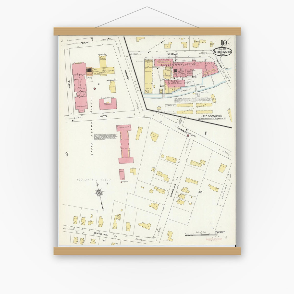 Old map wall art mockup — magnetic wood frame on white wall — Sanborn Fire Insurance Map from Bridgewater, Plymouth County, Massachusetts (1912), Sheet #0010