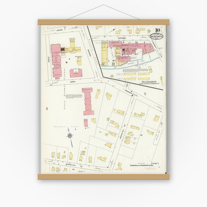 Old map wall art mockup — magnetic wood frame on white wall — Sanborn Fire Insurance Map from Bridgewater, Plymouth County, Massachusetts (1912), Sheet #0010
