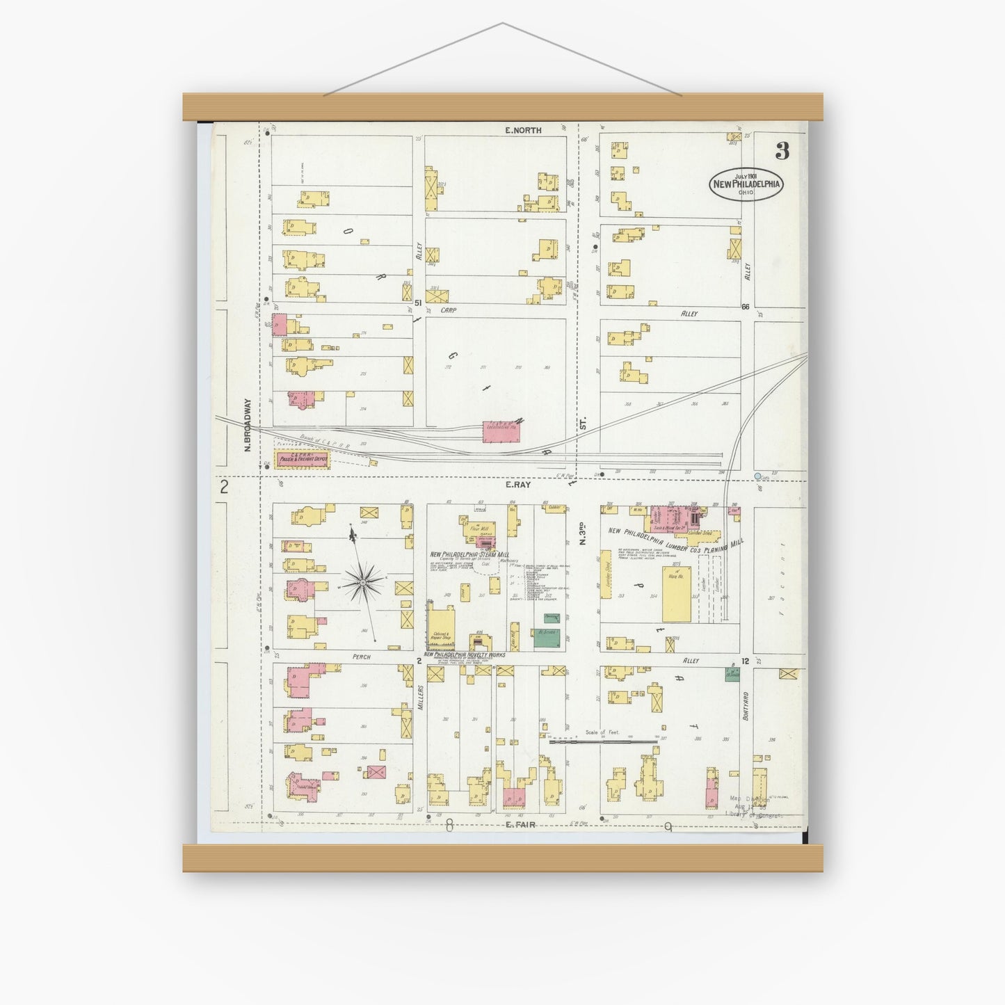 Old map wall art mockup — magnetic wood frame on white wall — Sanborn Fire Insurance Map from New Philadelphia, Tuscarawas County, Ohio (1901), Sheet #0003