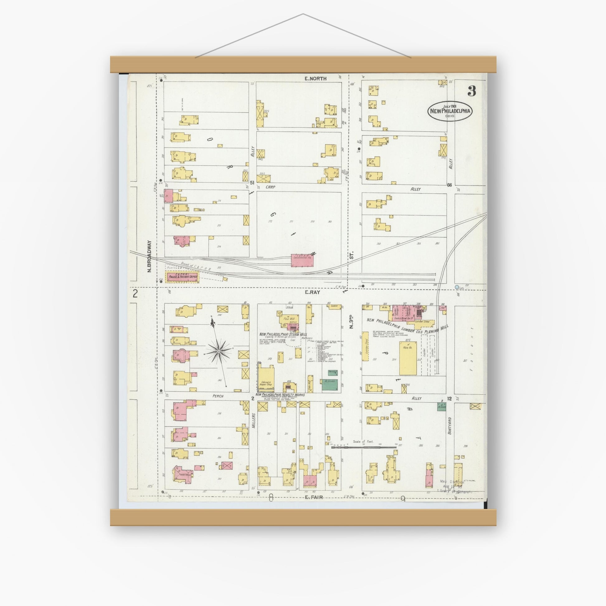 Old map wall art mockup — magnetic wood frame on white wall — Sanborn Fire Insurance Map from New Philadelphia, Tuscarawas County, Ohio (1901), Sheet #0003