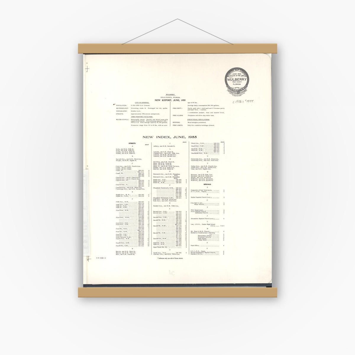 Old map wall art mockup — magnetic wood frame on white wall — Sanborn Fire Insurance Map from Mulberry, Polk County, Florida (1955), Sheet #0001