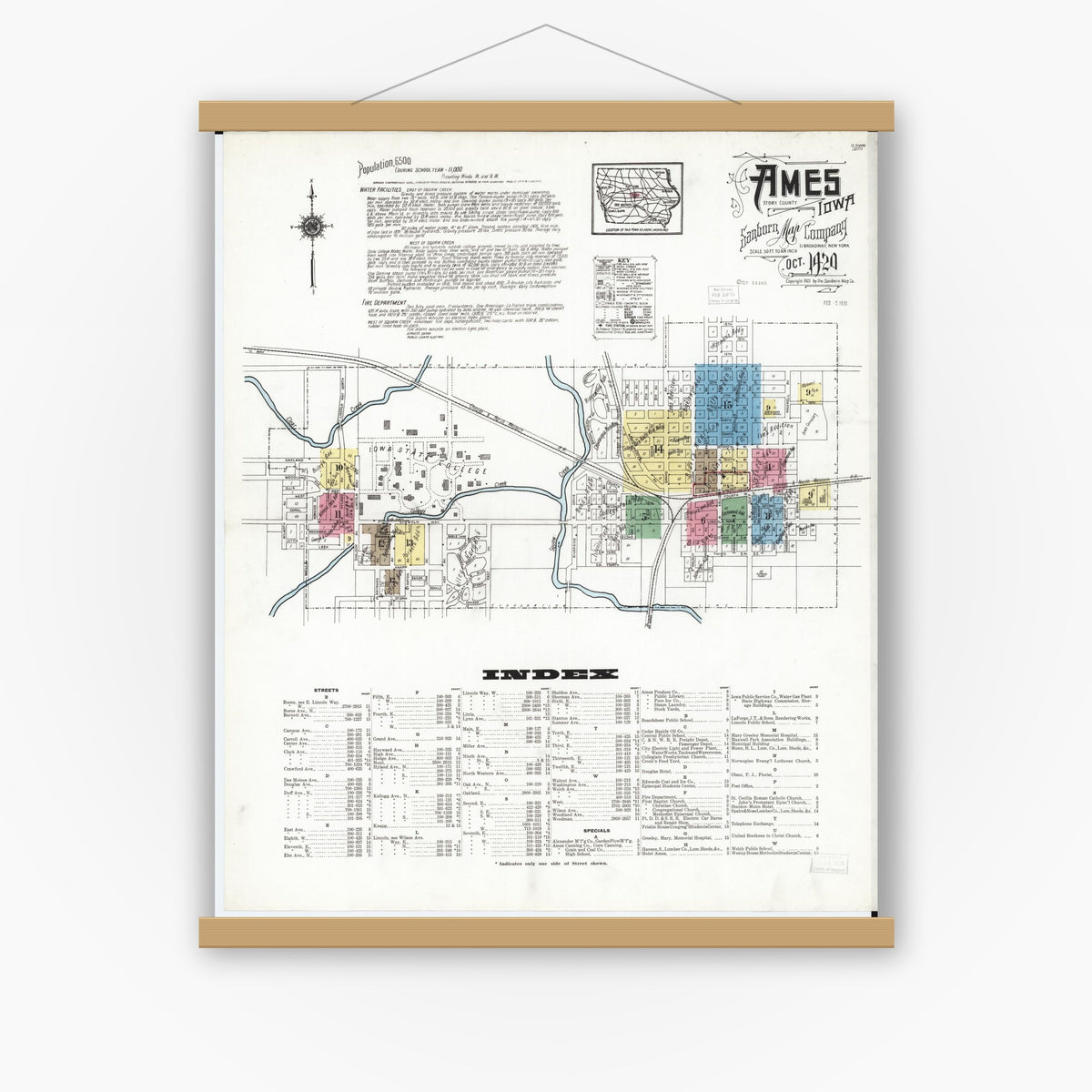Old map wall art mockup — magnetic wood frame on white wall — Sanborn Fire Insurance Map from Ames, Story County, Iowa (1920) â€” Complete Set