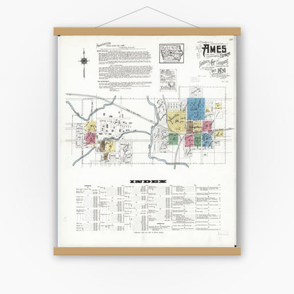 Old map wall art mockup — magnetic wood frame on white wall — Sanborn Fire Insurance Map from Ames, Story County, Iowa (1920) â€” Complete Set