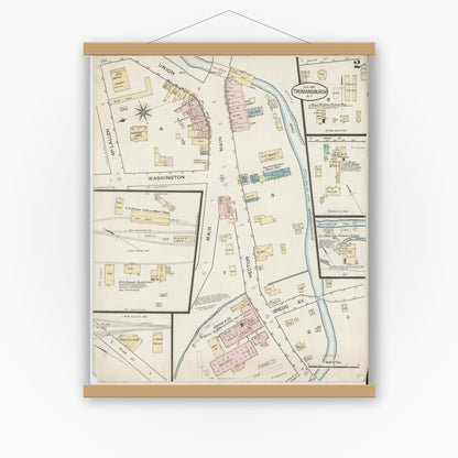 Old map wall art mockup — magnetic wood frame on white wall — Sanborn Fire Insurance Map from Trumansburg, Tompkins County, New York (1887), Sheet #0002