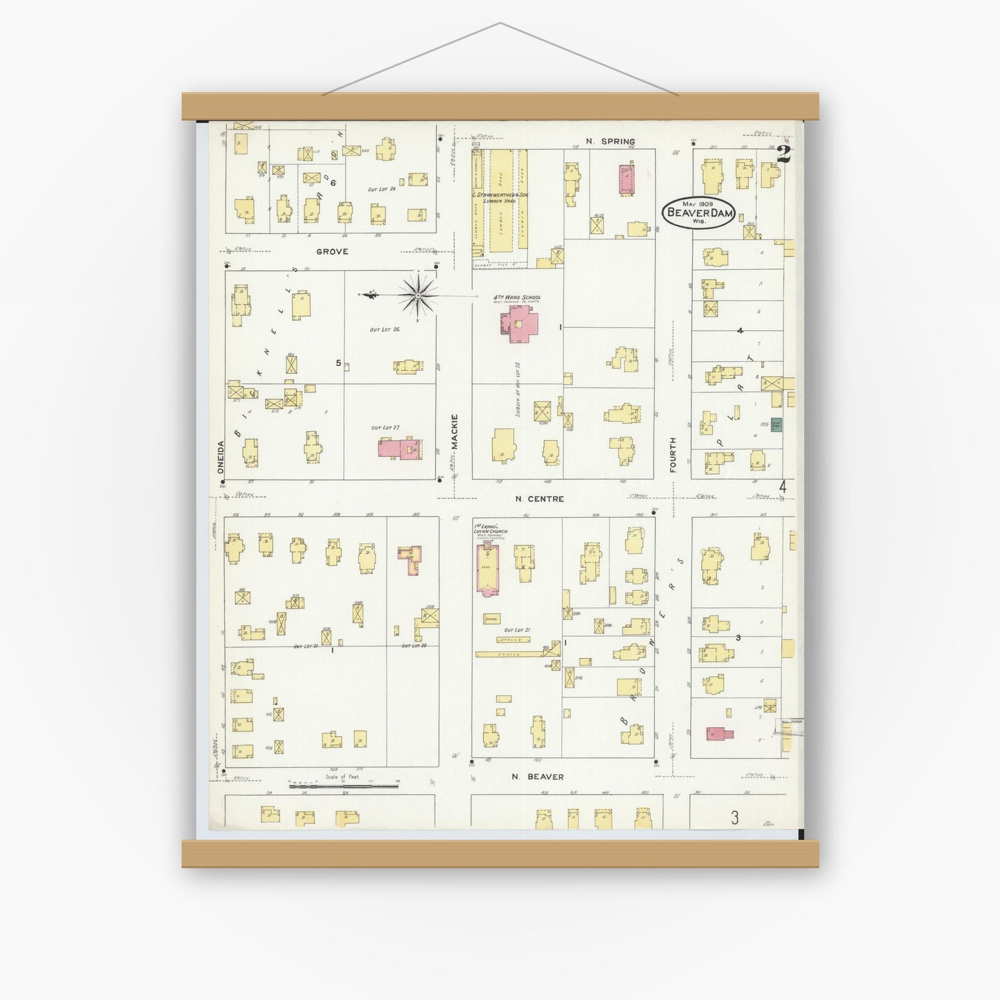 Old map wall art mockup — magnetic wood frame on white wall — Sanborn Fire Insurance Map from Beaver Dam, Dodge County, Wisconsin (1909), Sheet #0002