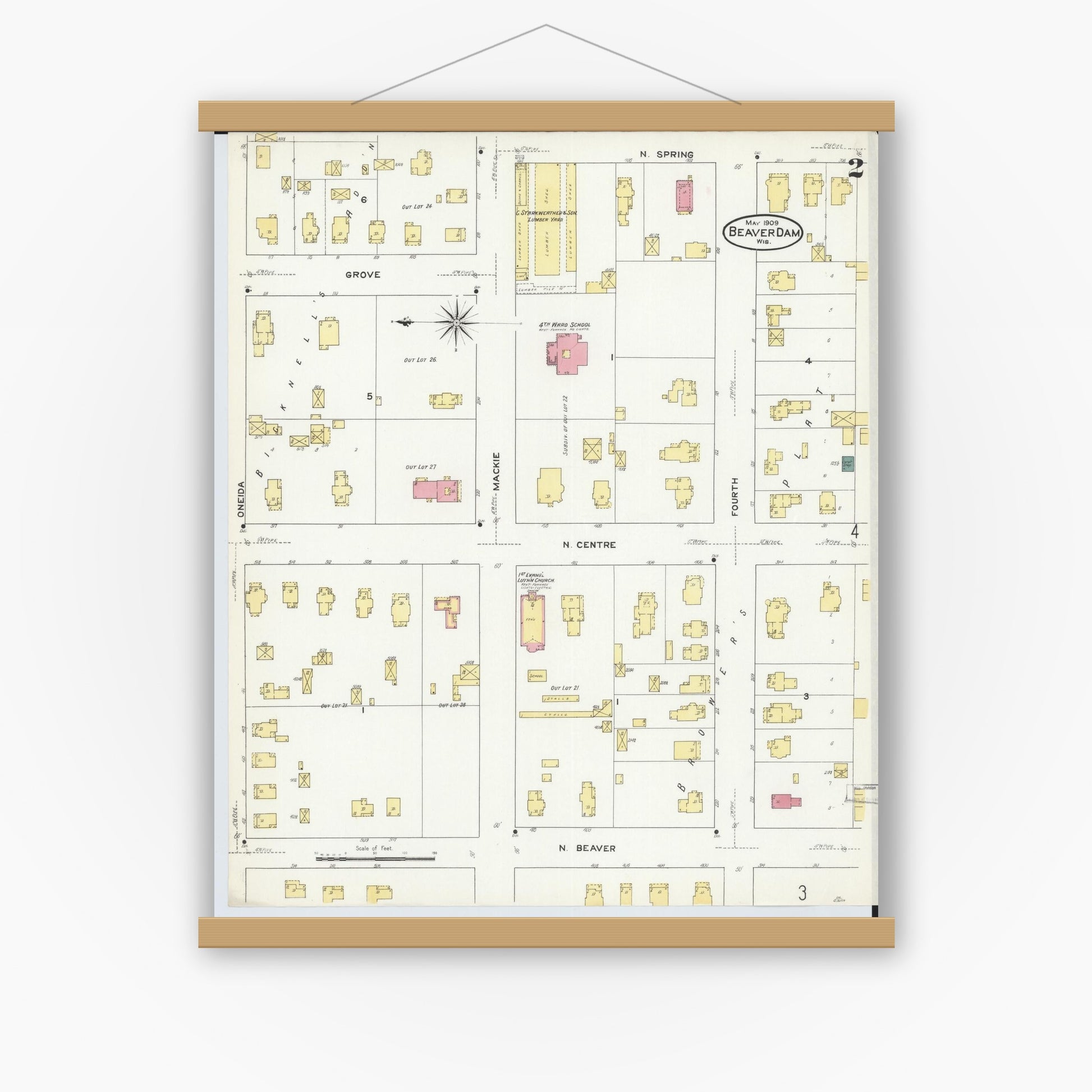 Old map wall art mockup — magnetic wood frame on white wall — Sanborn Fire Insurance Map from Beaver Dam, Dodge County, Wisconsin (1909), Sheet #0002