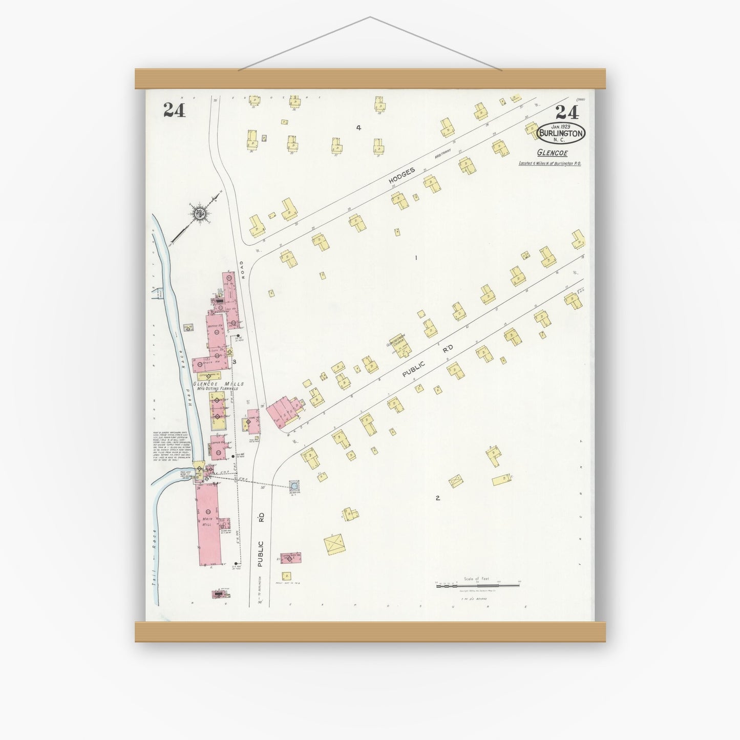 Old map wall art mockup — magnetic wood frame on white wall — Sanborn Fire Insurance Map from Burlington, Alamance County, North Carolina (1929), Sheet #0024