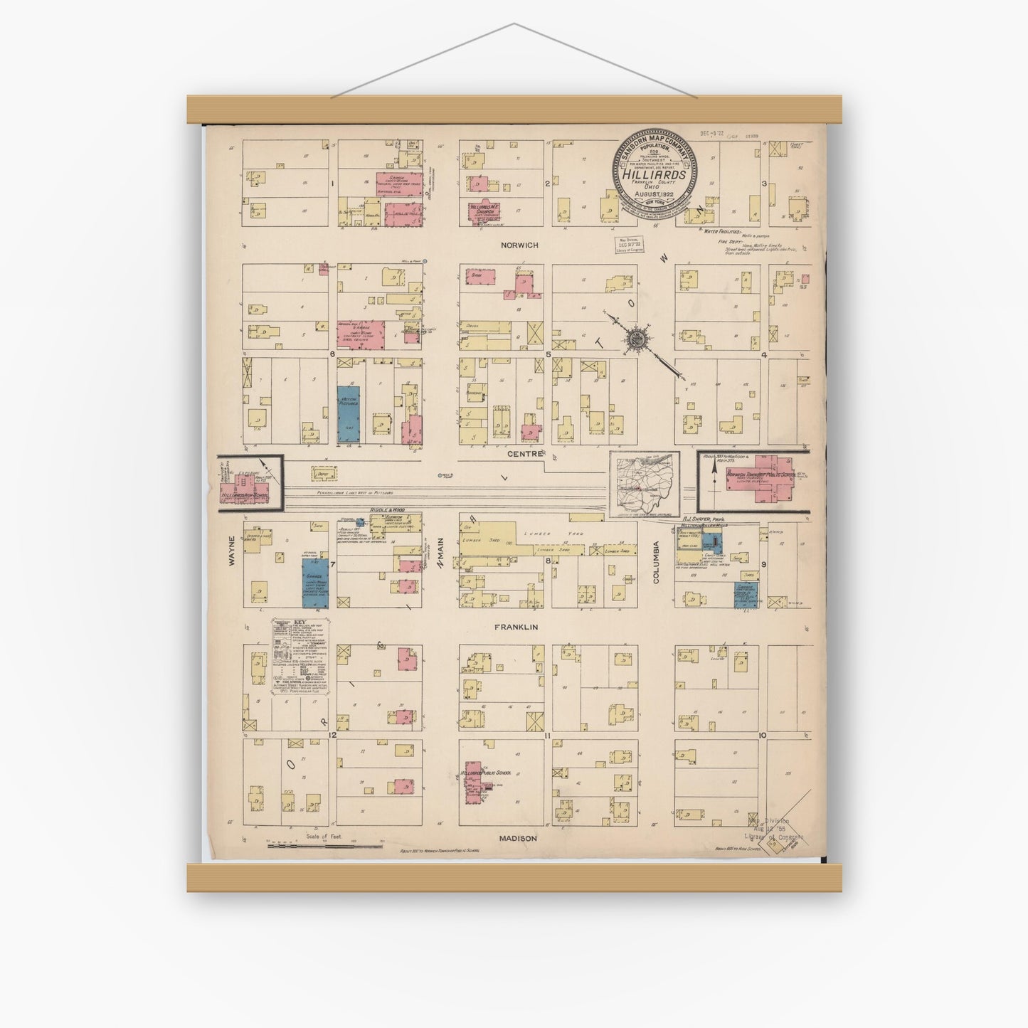 Old map wall art mockup — magnetic wood frame on white wall — Sanborn Fire Insurance Map from Hilliards, Franklin County, Ohio (1922), Sheet #0001