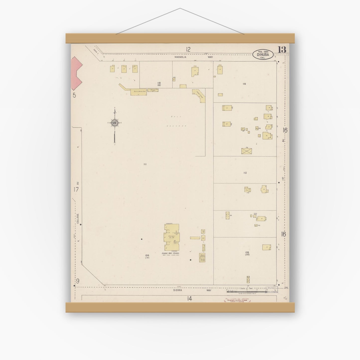 Old map wall art mockup — magnetic wood frame on white wall — Sanborn Fire Insurance Map from Dinuba, Tulare County, California (1920), Sheet #0013