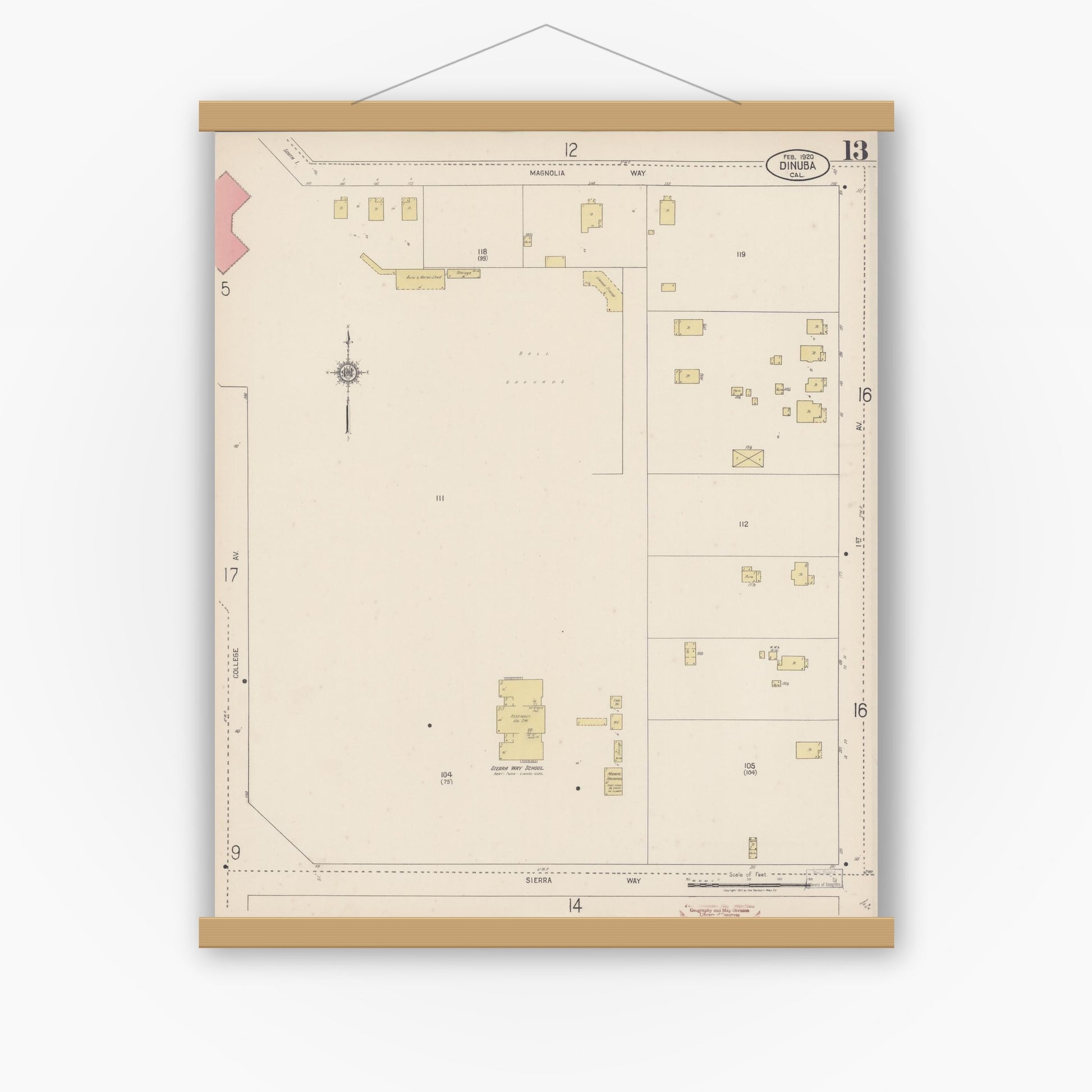 Old map wall art mockup — magnetic wood frame on white wall — Sanborn Fire Insurance Map from Dinuba, Tulare County, California (1920), Sheet #0013
