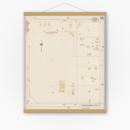 Old map wall art mockup — magnetic wood frame on white wall — Sanborn Fire Insurance Map from Dinuba, Tulare County, California (1920), Sheet #0013