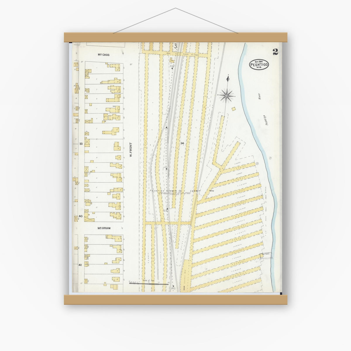 Old map wall art mockup — magnetic wood frame on white wall — Sanborn Fire Insurance Map from Peshtigo, Marinette County, Wisconsin (1904), Sheet #0002