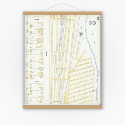 Old map wall art mockup — magnetic wood frame on white wall — Sanborn Fire Insurance Map from Peshtigo, Marinette County, Wisconsin (1904), Sheet #0002