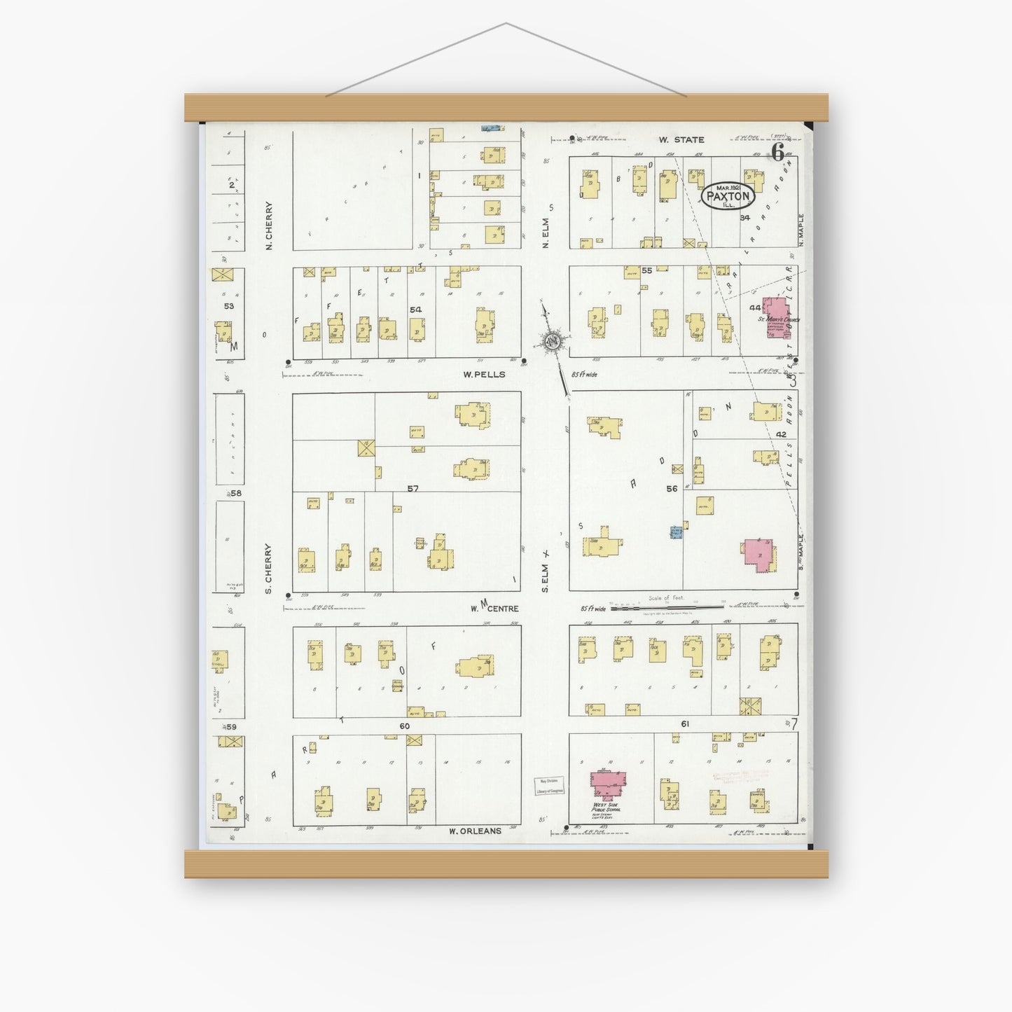 Old map wall art mockup — magnetic wood frame on white wall — Sanborn Fire Insurance Map from Paxton, Ford County, Illinois (1921), Sheet #0006