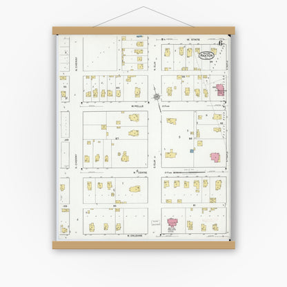 Old map wall art mockup — magnetic wood frame on white wall — Sanborn Fire Insurance Map from Paxton, Ford County, Illinois (1921), Sheet #0006