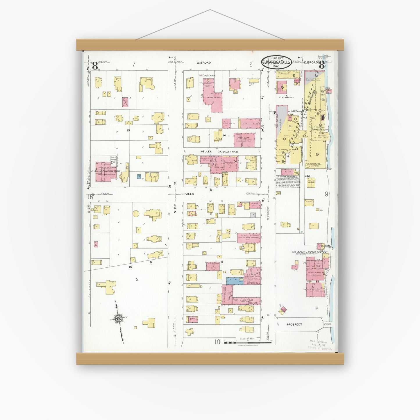 Old map wall art mockup — magnetic wood frame on white wall — Sanborn Fire Insurance Map from Cuyahoga Falls, Summit County, Ohio (1927), Sheet #0008