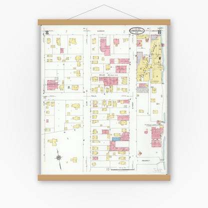 Old map wall art mockup — magnetic wood frame on white wall — Sanborn Fire Insurance Map from Cuyahoga Falls, Summit County, Ohio (1927), Sheet #0008