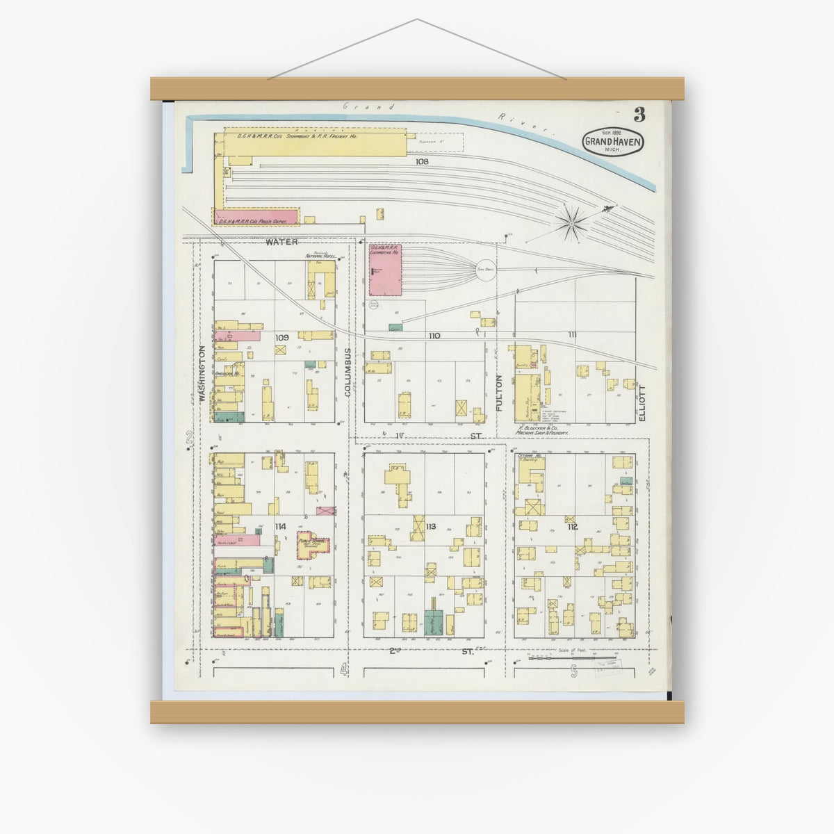 Old map wall art mockup — magnetic wood frame on white wall — Sanborn Fire Insurance Map from Grand Haven, Ottawa County, Michigan (1892), Sheet #0003