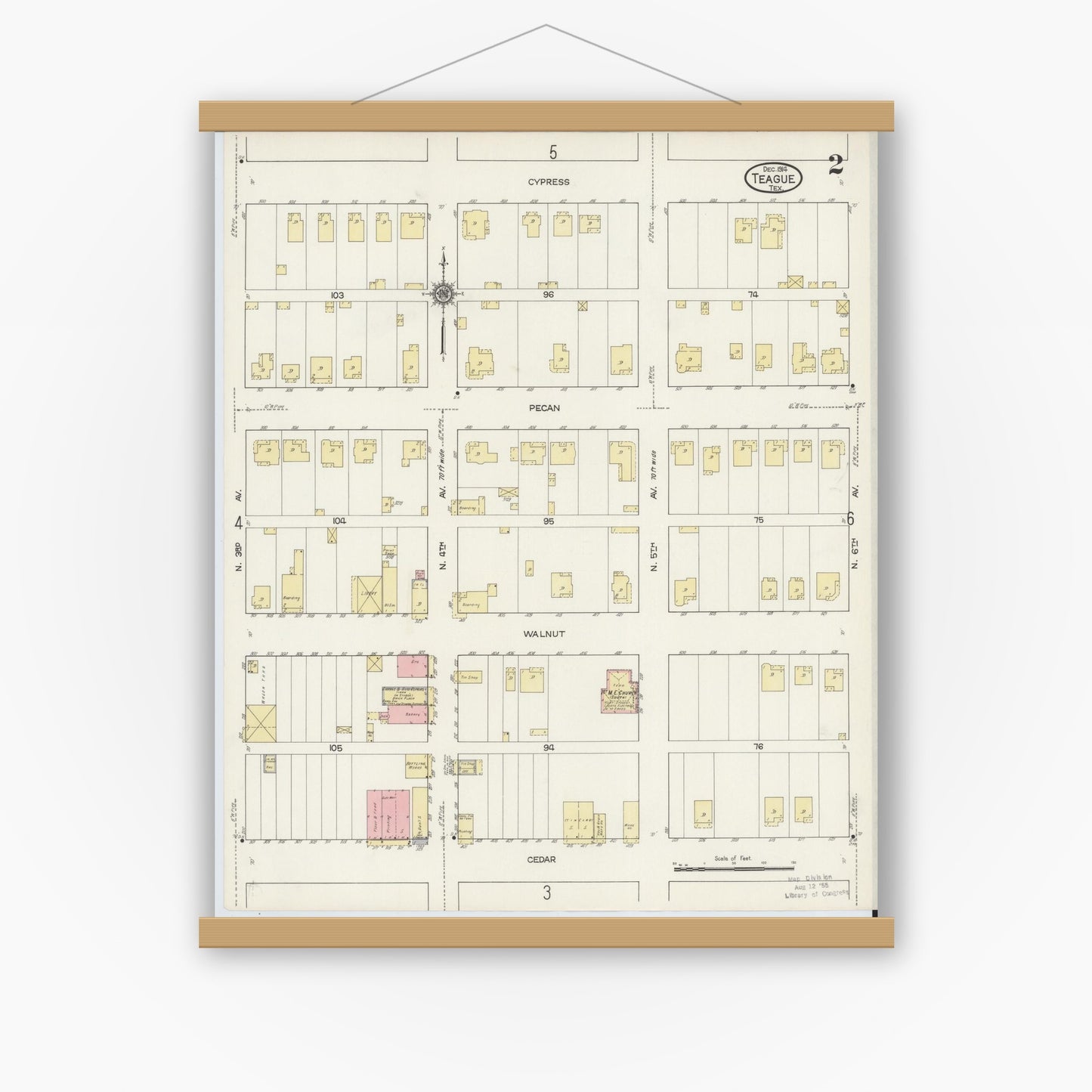 Old map wall art mockup — magnetic wood frame on white wall — Sanborn Fire Insurance Map from Teague, Freestone County, Texas (1914), Sheet #0002