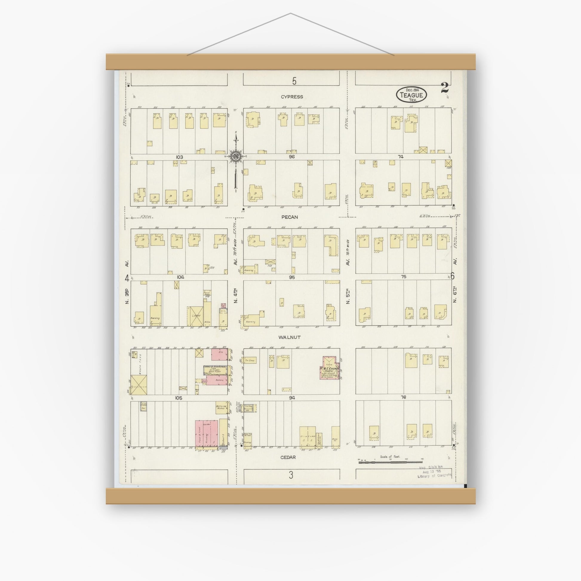 Old map wall art mockup — magnetic wood frame on white wall — Sanborn Fire Insurance Map from Teague, Freestone County, Texas (1914), Sheet #0002