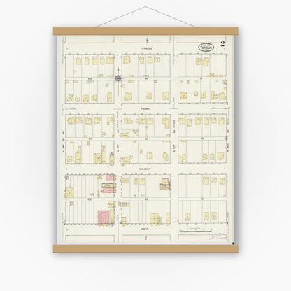 Old map wall art mockup — magnetic wood frame on white wall — Sanborn Fire Insurance Map from Teague, Freestone County, Texas (1914), Sheet #0002