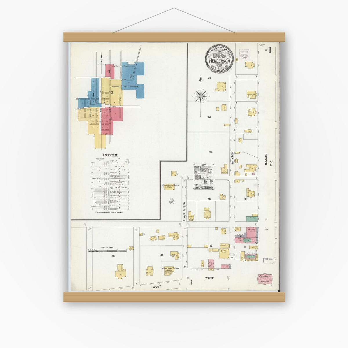 Old map wall art mockup — magnetic wood frame on white wall — Sanborn Fire Insurance Map from Henderson, Rusk County, Texas (1906) - Complete Map Set