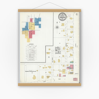Old map wall art mockup — magnetic wood frame on white wall — Sanborn Fire Insurance Map from Henderson, Rusk County, Texas (1906) - Complete Map Set