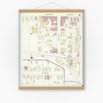 Old map wall art mockup — magnetic wood frame on white wall — Sanborn Fire Insurance Map from Jamestown, Greene County, Ohio (1910), Sheet #0003