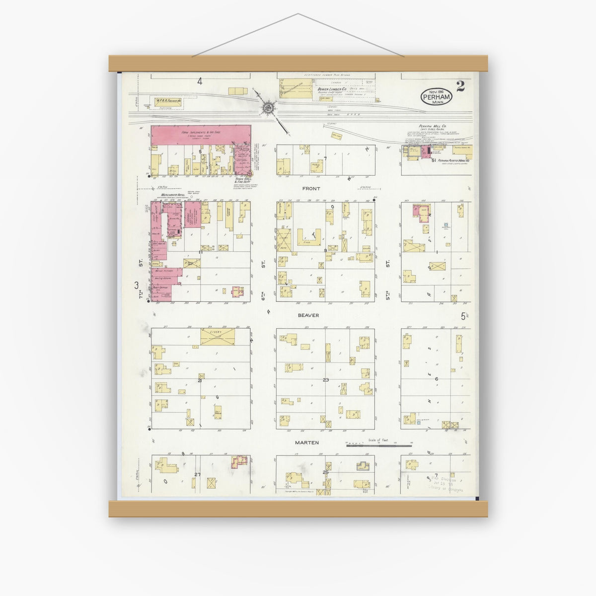 Old map wall art mockup — magnetic wood frame on white wall — Sanborn Fire Insurance Map from Perham, Otter Tail County, Minnesota (1916), Sheet #0002
