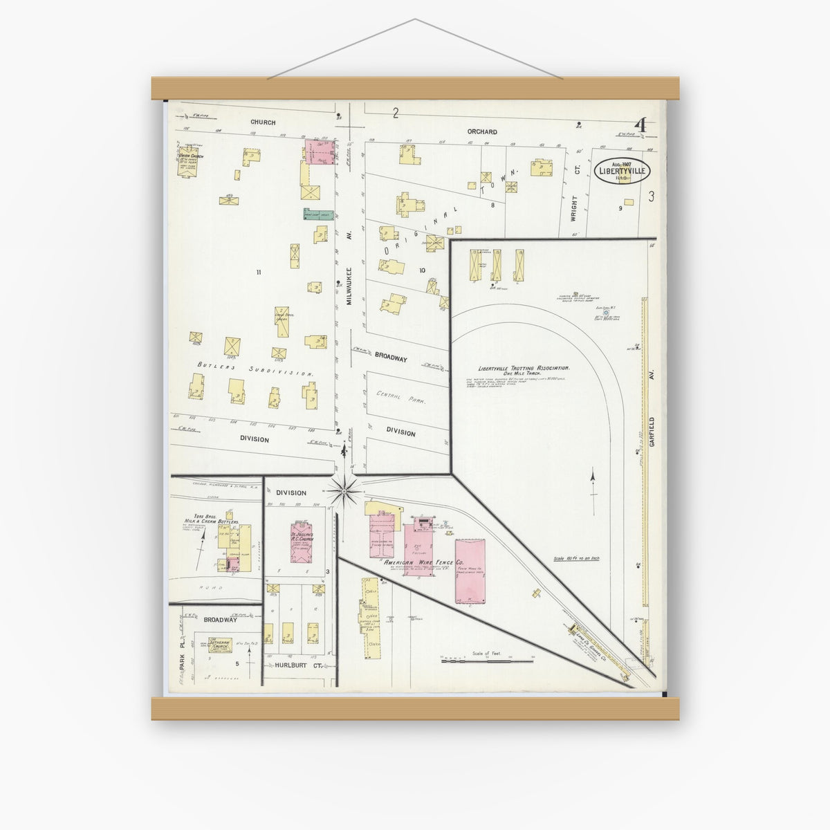 Old map wall art mockup — magnetic wood frame on white wall — Sanborn Fire Insurance Map from Libertyville, Lake County, Illinois (1907), Sheet #0004